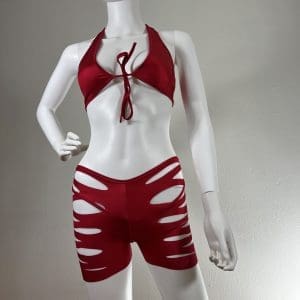 Solid Red Crop Top Shorts Set with Matching G-String
