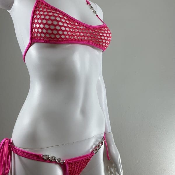 Bubble Gum Pink Fishnet Mesh Bandeau Top Bikini & G-String - Image 3