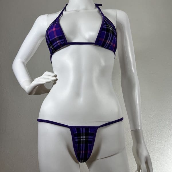 Lilac Black Royal Tartan Bikini Set with Matching G-String - Image 3