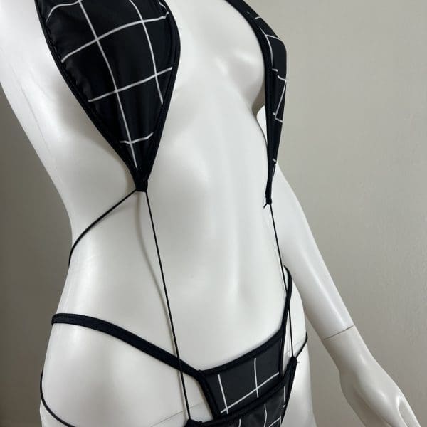 Black & White Gingham One-Piece Bikini With Matching G-String - Image 3