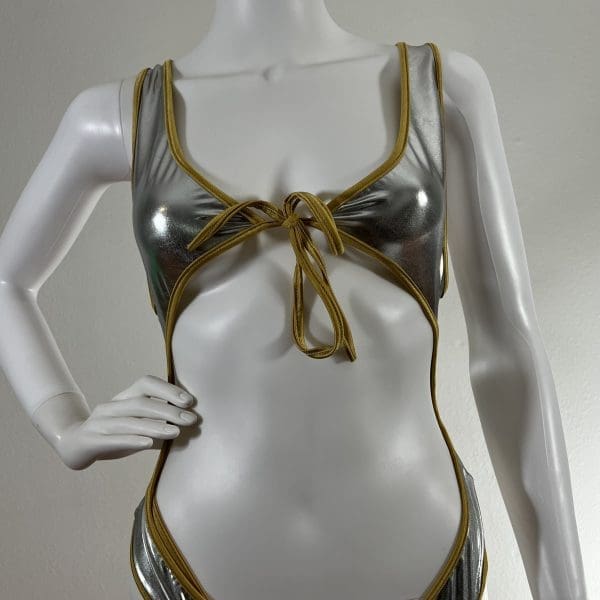 Divine Front Tie Metallic Silver Bodysuit 2 Piece Set - Image 2