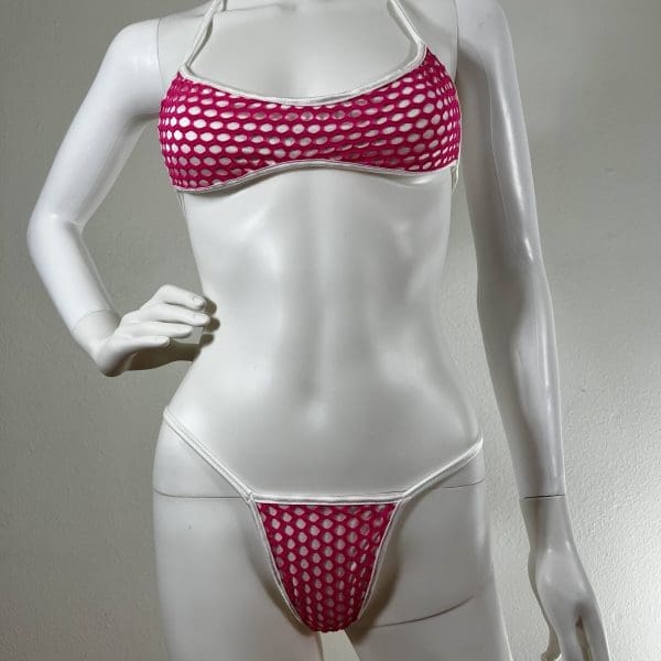 Pink Mesh & White Fabric Bandeau-Top Bikini & G-String