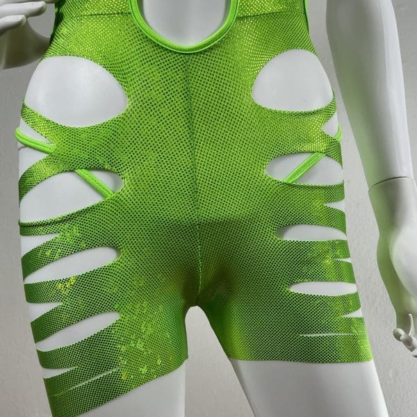 Neon Lime Holographic Romper With Matching G-String - Image 2