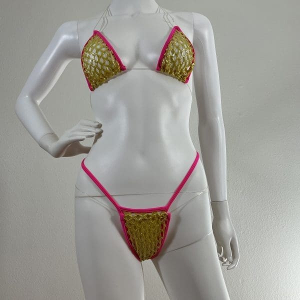 Gold and Pink Mesh Triangle Top Bikini with Matching G-String