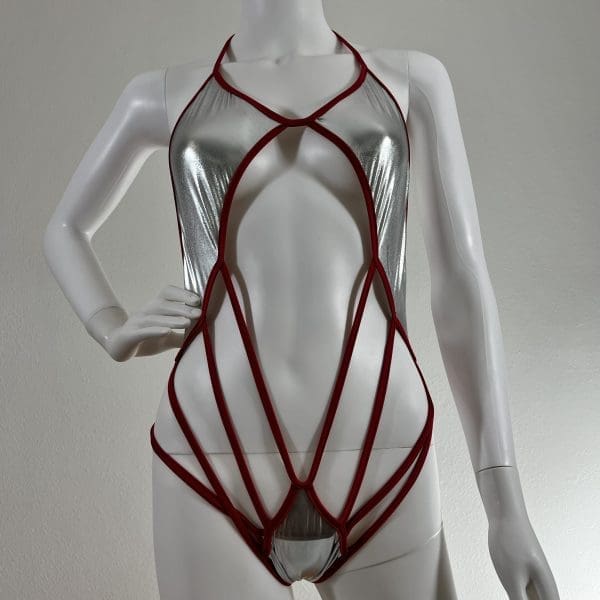 Divine Metallic Silver & Red Cage Bodysuit 2 Piece Set - Image 2