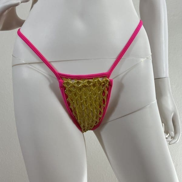 Gold and Pink Mesh Triangle Top Bikini with Matching G-String - Image 4