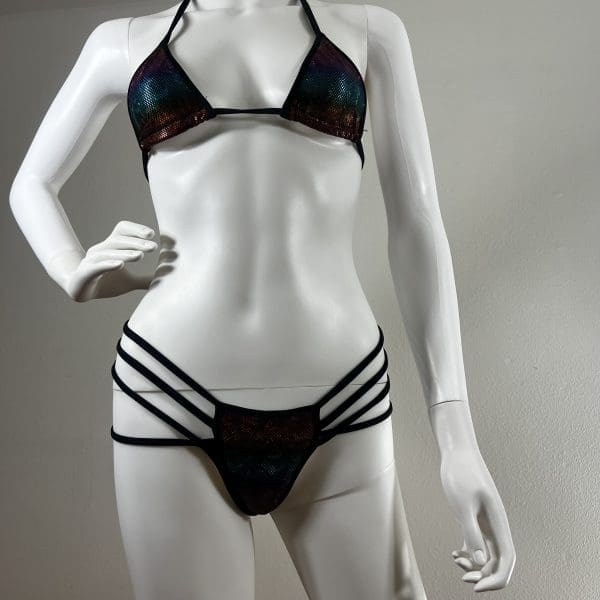 Holographic Multicolor Bikini with Cage Bottoms & Ring Detail