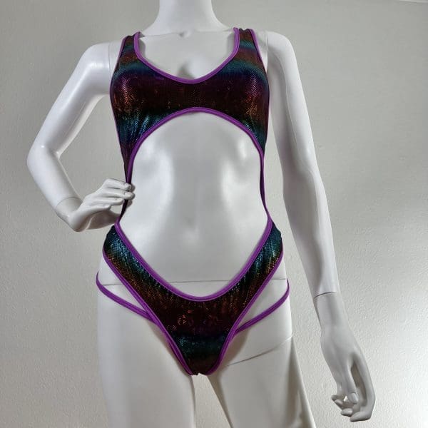 Holographic Multicolor Bodysuit with Matching G-String