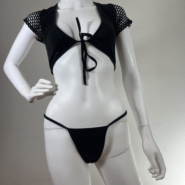 Solid Black Crop Top Shorts Set with Matching G-String - Image 3