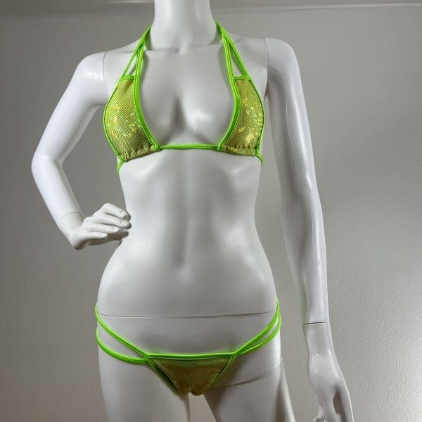 Neon Lime Holographic Bikini Set With Matching G-String