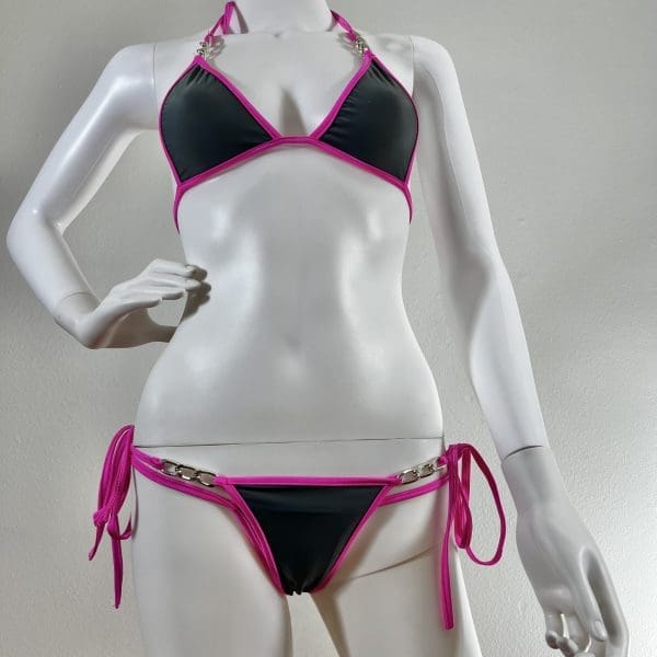 Smokey Gray & Pink Triangle Bikini With Matching G-String