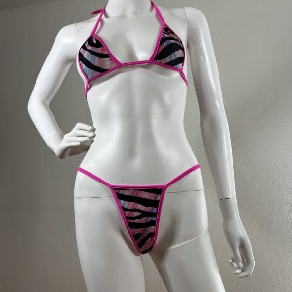 Electric Pink Zebra Bikini Set With Matching G-String - Image 2