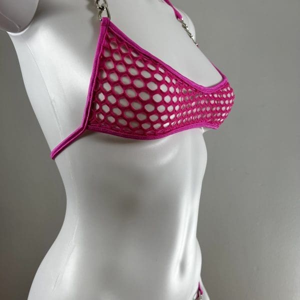 Bubble Gum Pink Fishnet Mesh Bandeau Top Bikini & G-String - Image 2