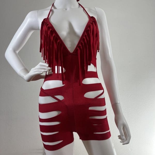 Cher Red Fringe Romper With Matching G-String