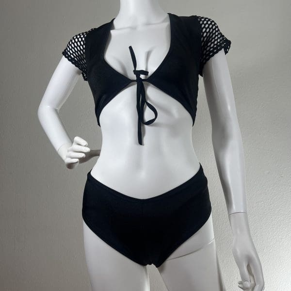 Solid Black Crop Top Shorts Set with Matching G-String