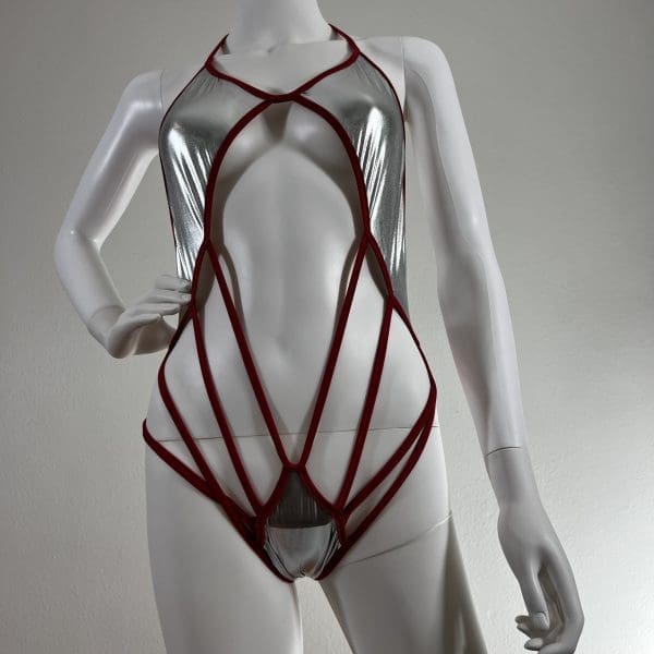 Divine Metallic Silver & Red Cage Bodysuit 2 Piece Set