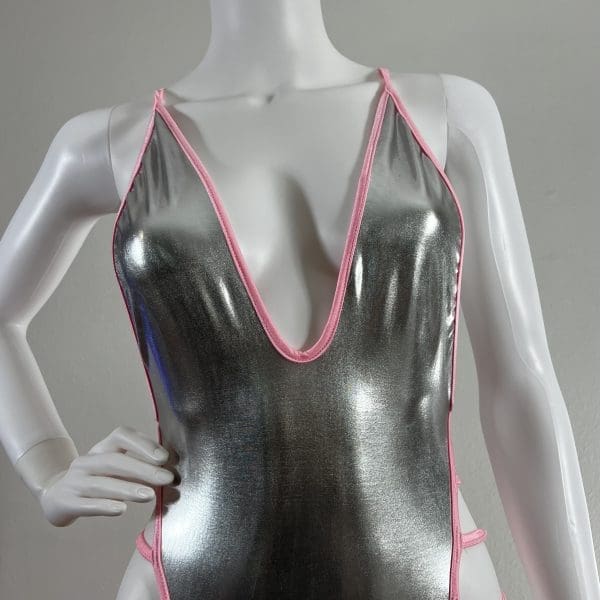 Divine Metallic Silver & Pink Cage Bodysuit 2 Piece Set - Image 2