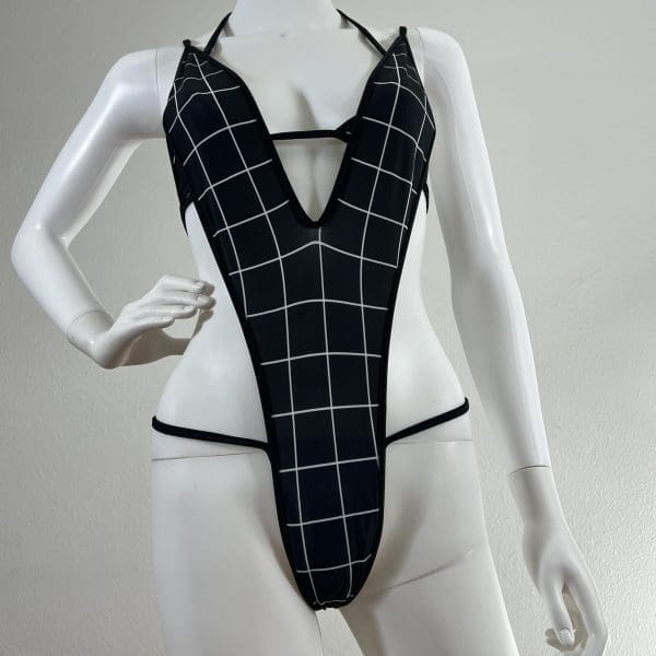 Black Geometric One-Piece with Matching Top & G-String