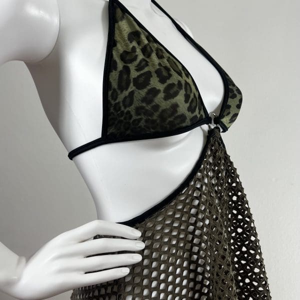 Olive Green Fishnet Mesh Mini Dress with Matching G-String - Image 3