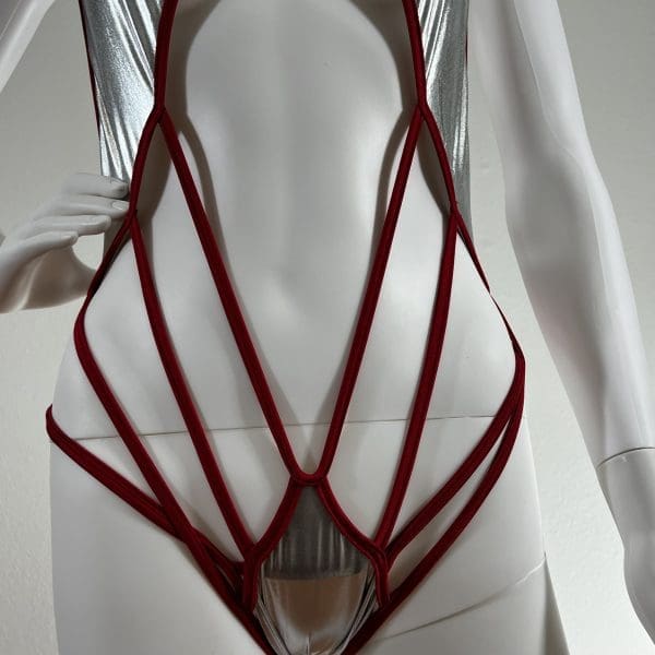 Divine Metallic Silver & Red Cage Bodysuit 2 Piece Set - Image 3