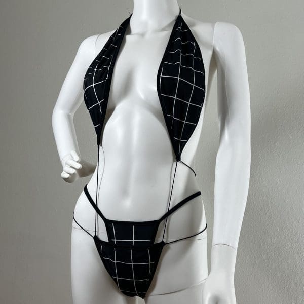 Black & White Gingham One-Piece Bikini With Matching G-String