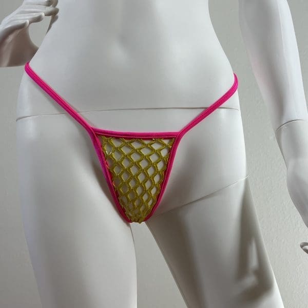 Gold and Pink Mesh Triangle Top Bikini with Matching G-String - Image 3