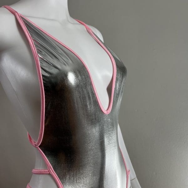 Divine Metallic Silver & Pink Cage Bodysuit 2 Piece Set - Image 3