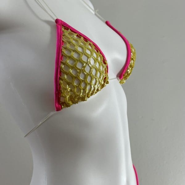 Gold and Pink Mesh Triangle Top Bikini with Matching G-String - Image 2