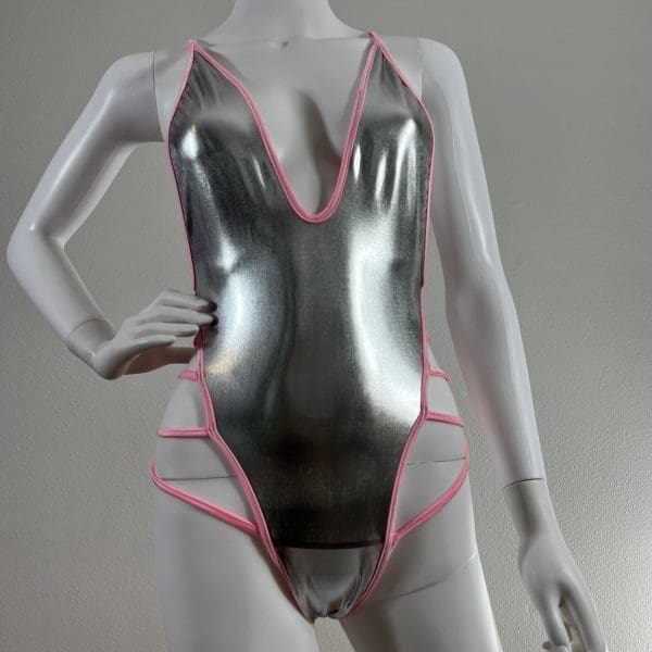 Divine Metallic Silver & Pink Cage Bodysuit 2 Piece Set