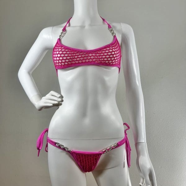 Bubble Gum Pink Fishnet Mesh Bandeau Top Bikini & G-String