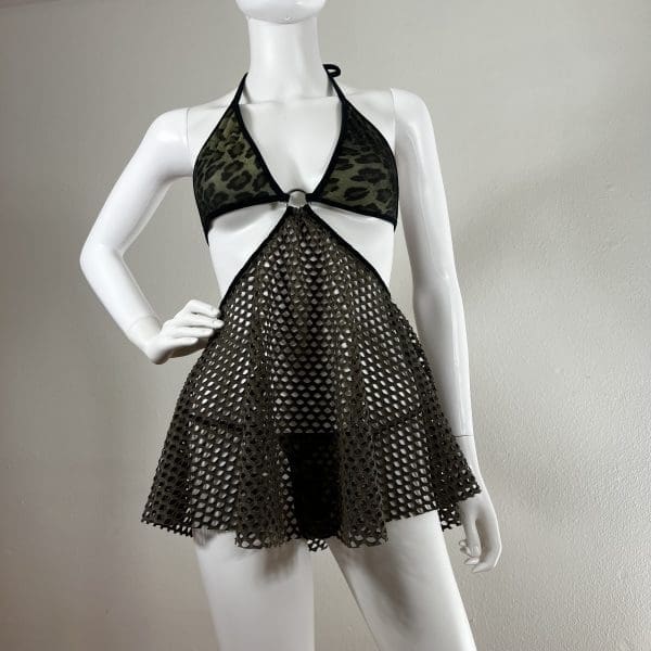 Olive Green Fishnet Mesh Mini Dress with Matching G-String