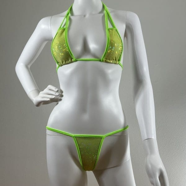 Neon Lime Holographic Bikini Set With Matching G-String - Image 2